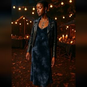 Cloth & Stone M Velvet Slip Dress Blue Black Tie Dye Midi Witchy Boho Grunge Y2K